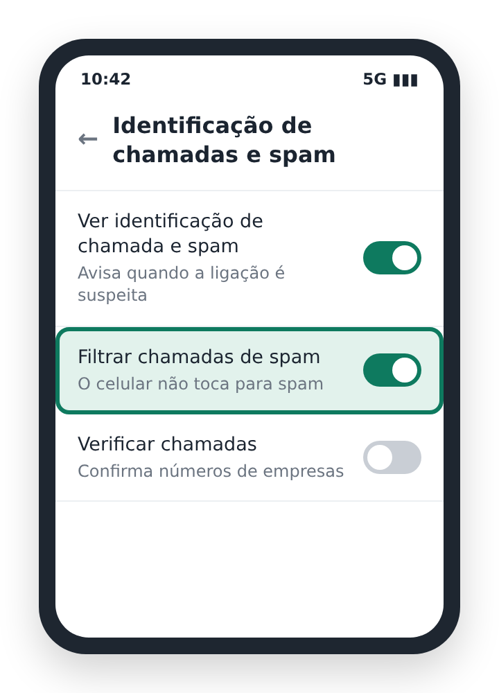 Tela do app Telefone do Google com o filtro de chamadas de spam ativado