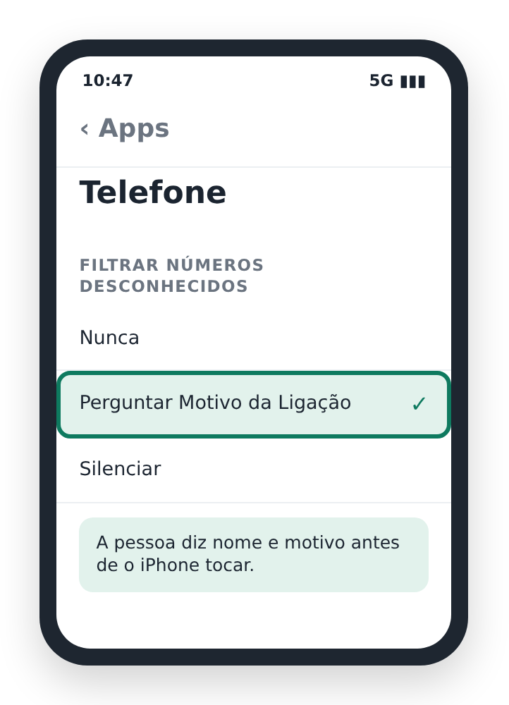 Opção Perguntar Motivo da Ligação marcada nos ajustes do iPhone