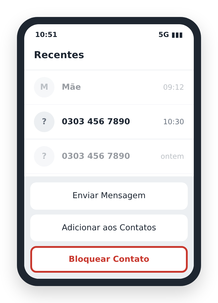 Opção de bloquear contato aberta no histórico de chamadas