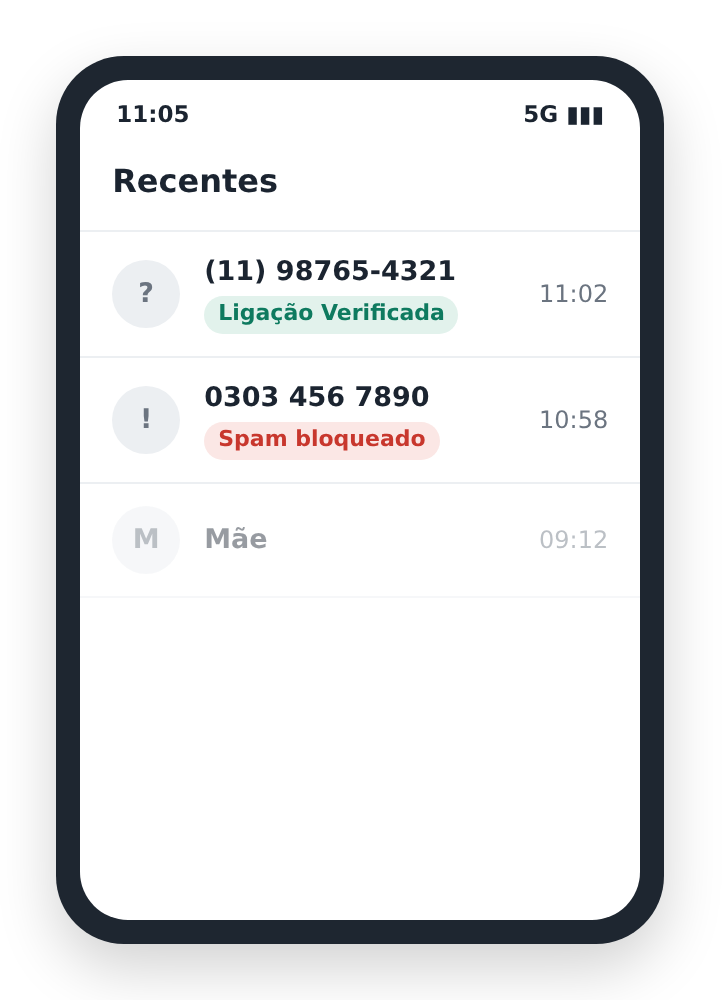 Histórico de chamadas com ligação verificada e telemarketing bloqueado